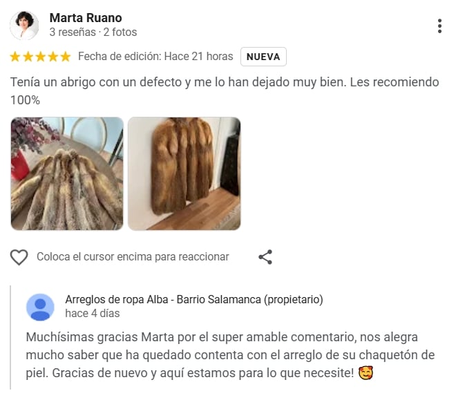 Reseña de Marta Ruano sobre transformar abrigo de piel en Madrid Barrio Salamanca
